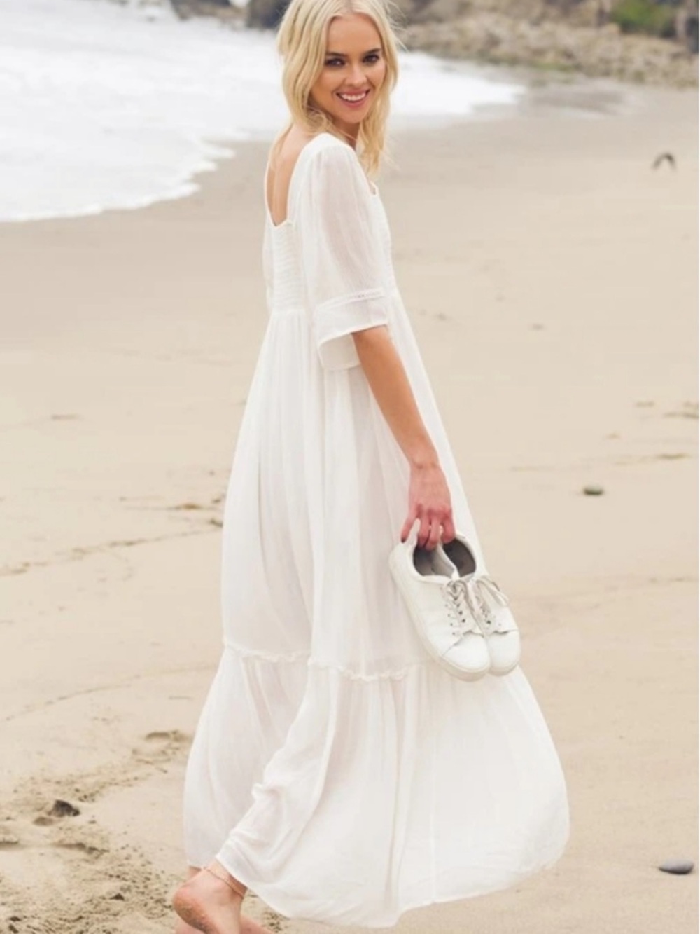 Listicle NWOT White Smocked Square Neck Tiered Maxi Dress Boho Bridal - Medium - Picture 2 of 8